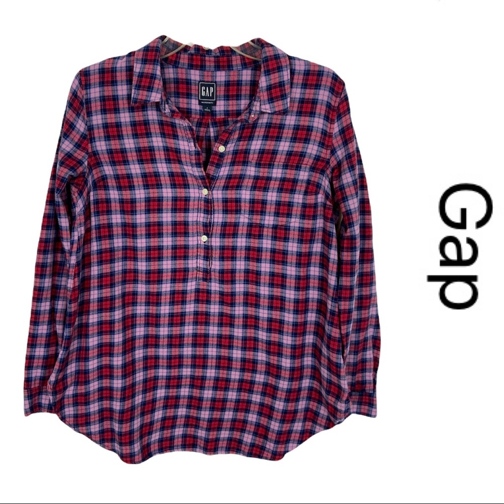 Gap Maternity Brushed Plaid Tunic Top in Blue and Navy Roll Tab Sleeves Small